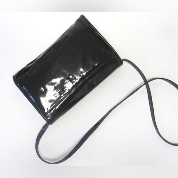 Vintage Glossy Black Purse Perry Ellis Envelope Clutch Shoulder Bag P13 - Picture 3 of 5